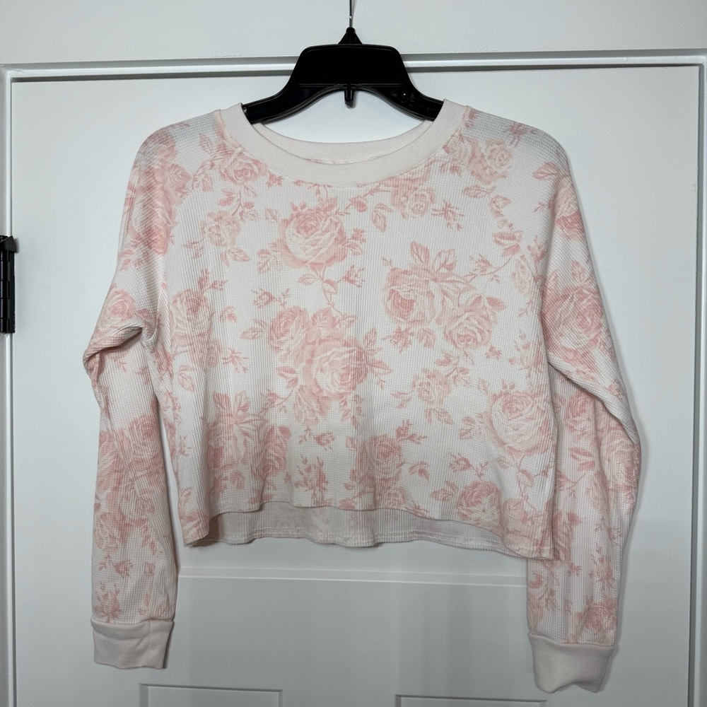 Gap Teen Crop Top Long Sleeve Cotton Blend White Pink Size XL